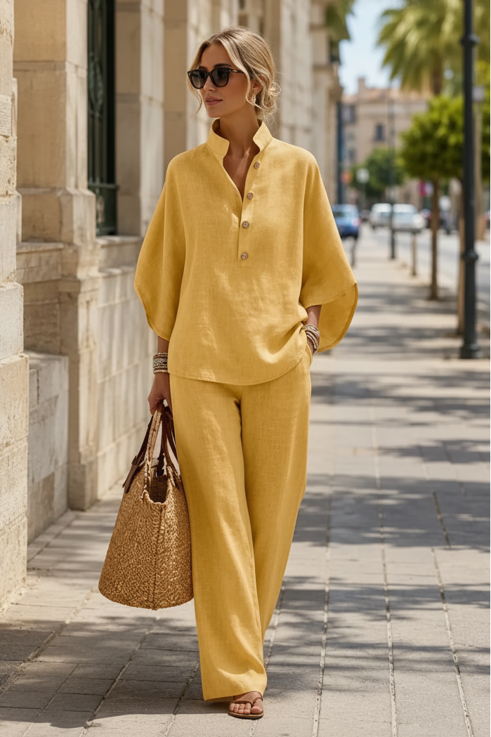 Women's breezy two-piece set with relaxed fit top and matching wide-leg pants