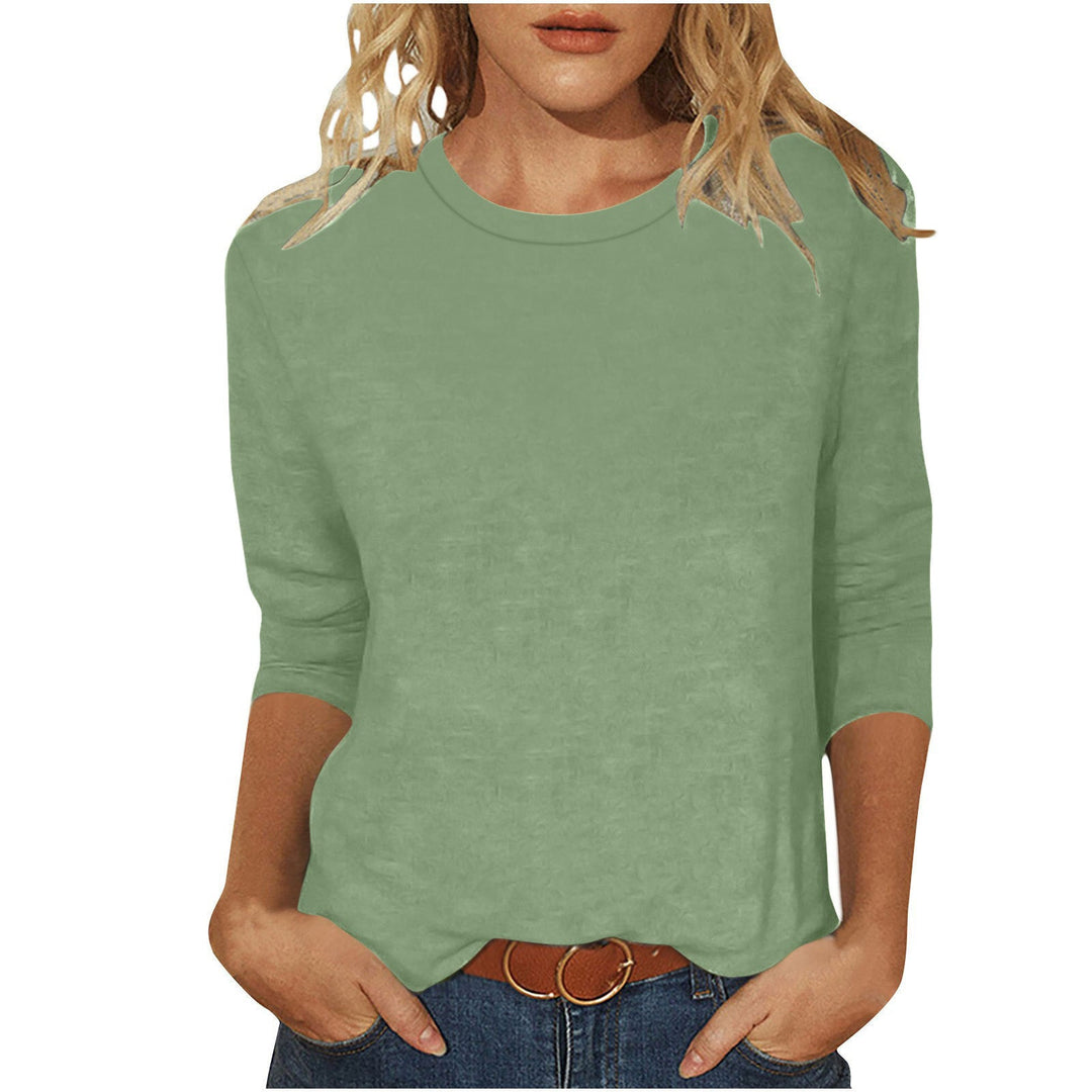 Women's casual loose fit green 3/4 sleeve round neck top