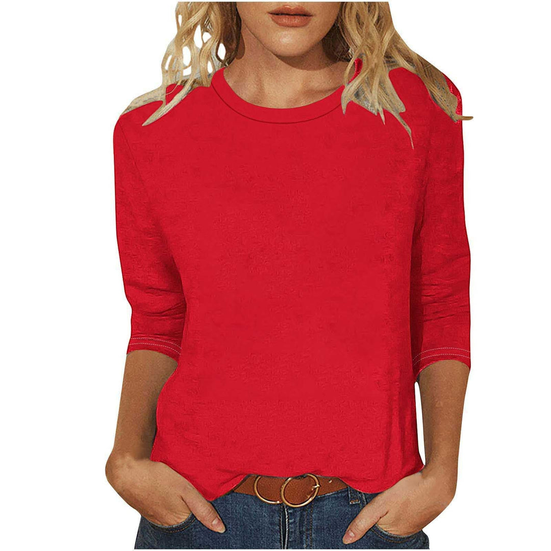 Women's casual loose fit 3/4 sleeve round neck top, back view showing basic shirt design