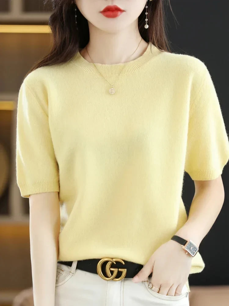 Winter wear layering short sleeve crew neck knit pullover sweater