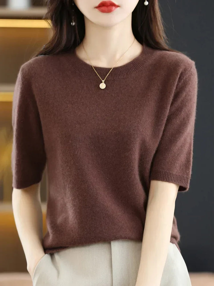 Styled outfit featuring women's short sleeve knit pullover sweater