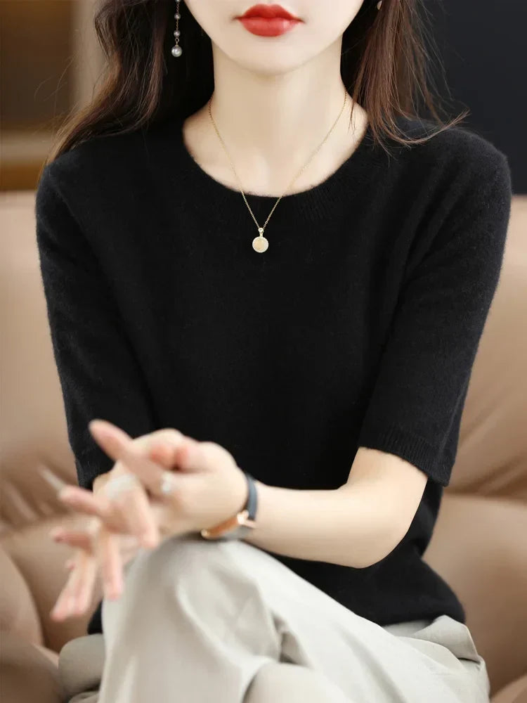 Casual wear women's crew neck knitted short sleeve pullover top