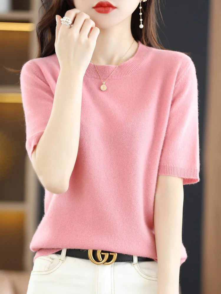 Short sleeve knit pullover sweater for women in casual crew neck style