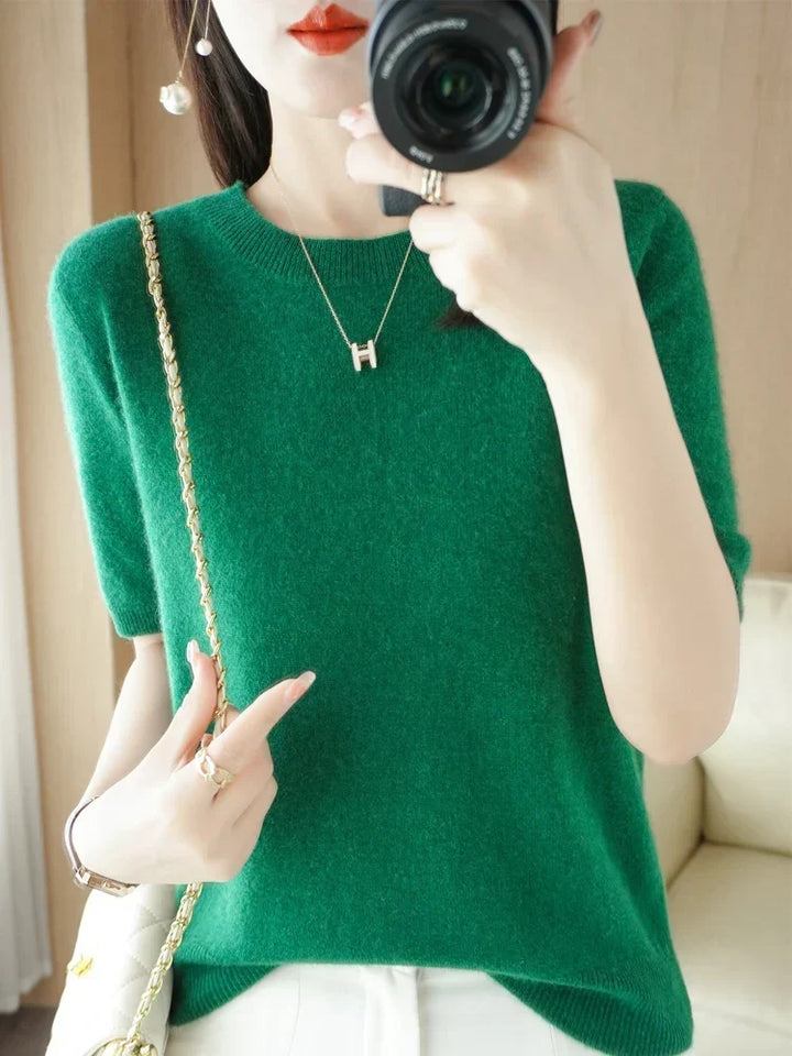 Fall fashion knitted pullover sweater with short sleeves for women