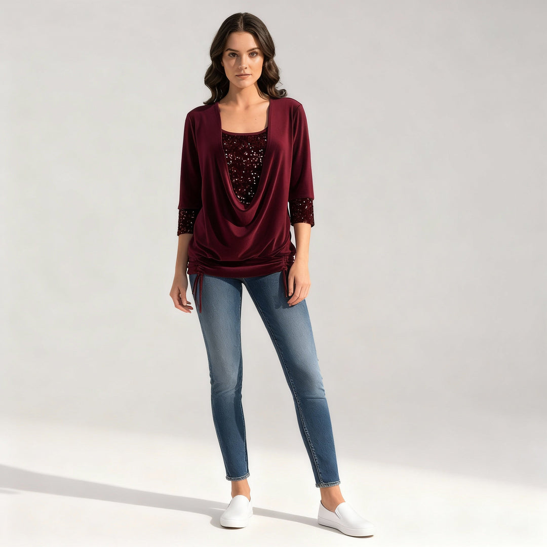 Back view of elegant long-sleeve sequin top for women