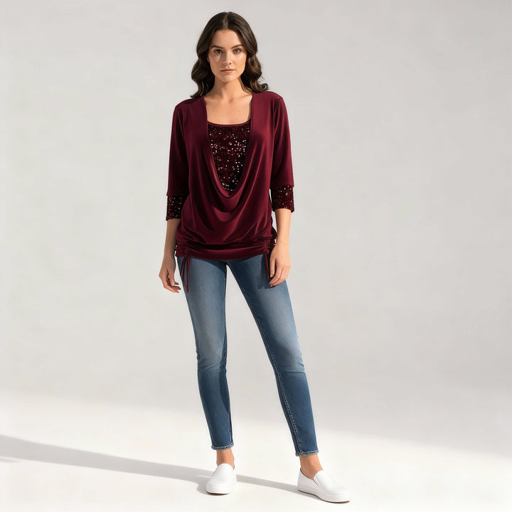 Back view of elegant long-sleeve sequin top for women