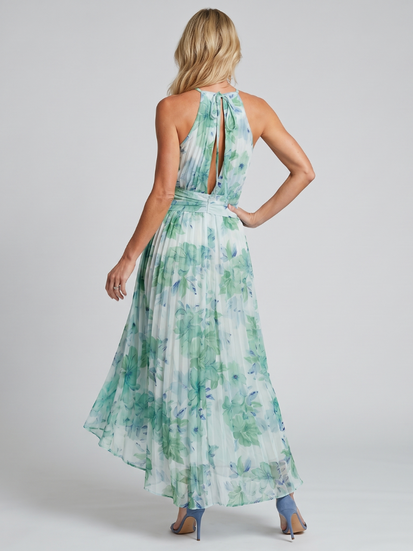 Floral green halter maxi dress back view showcasing elegant evening style