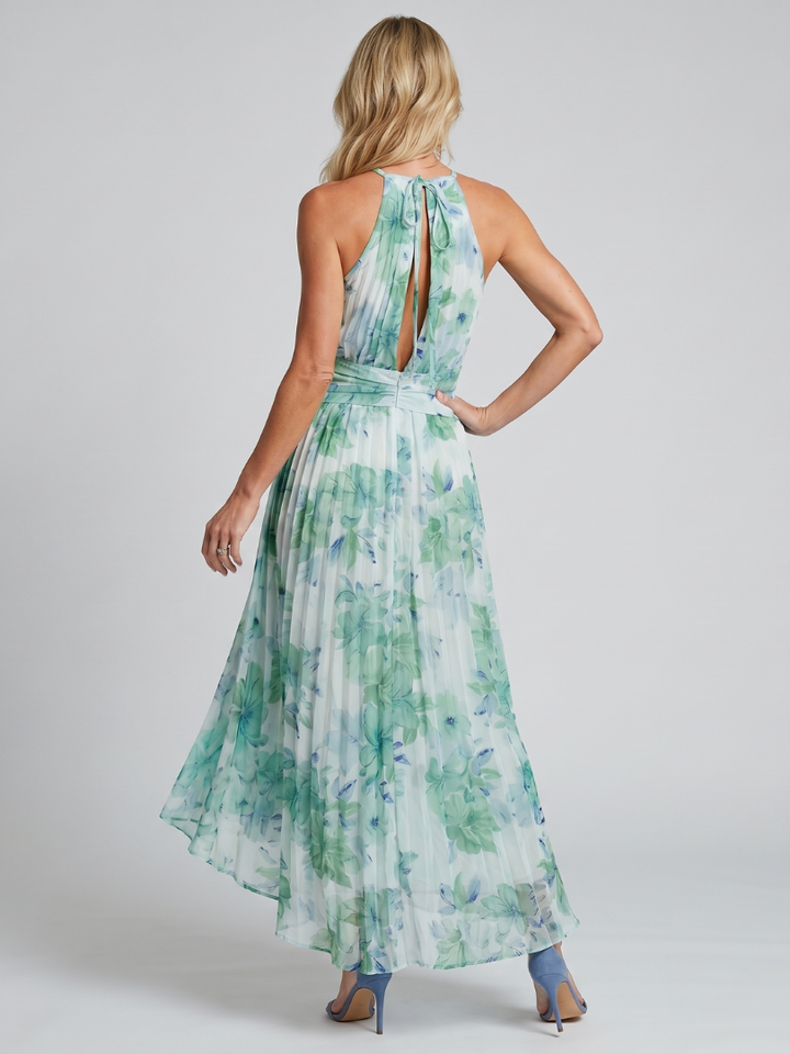 Floral green halter maxi dress back view showcasing elegant evening style