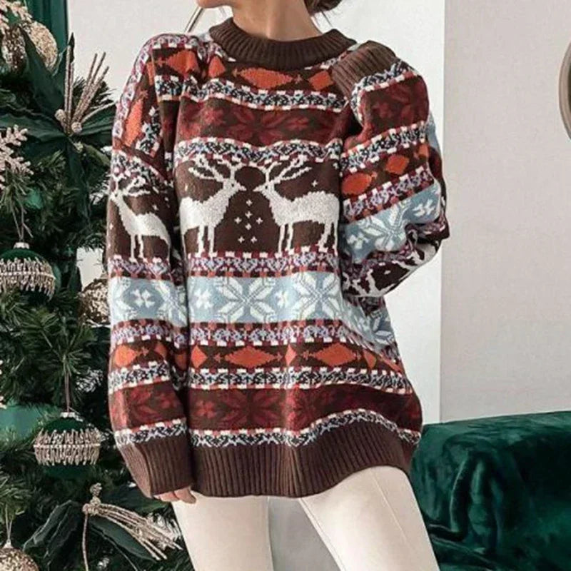 Woman wearing brown holiday Christmas sweater near Christmas tree