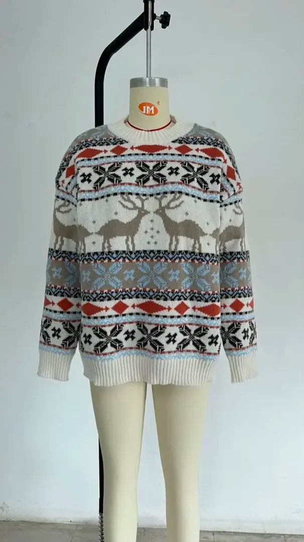 Close-up of festive reindeer motif on women's fair isle holiday Christmas sweater
