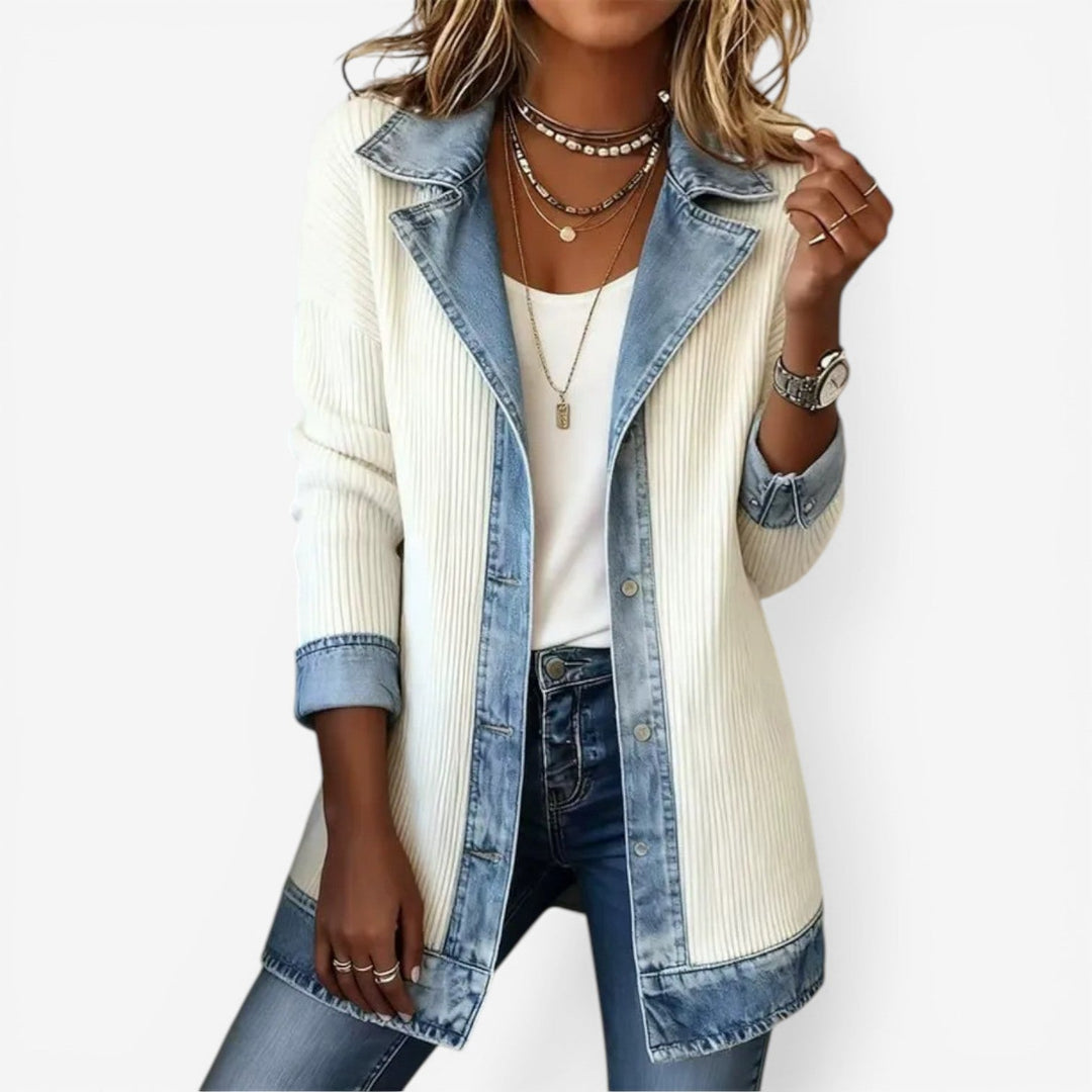 Woman wearing white hybrid knit denim jacket with button-front closure