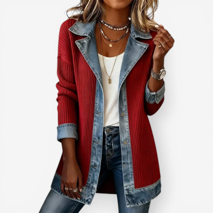 Side view of women's hybrid knit denim jacket showing casual outerwear design