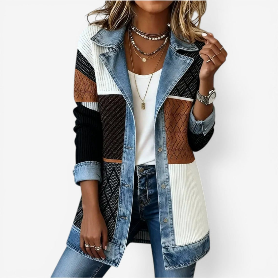 Woman wearing multicolor patterned hybrid knit denim jacket