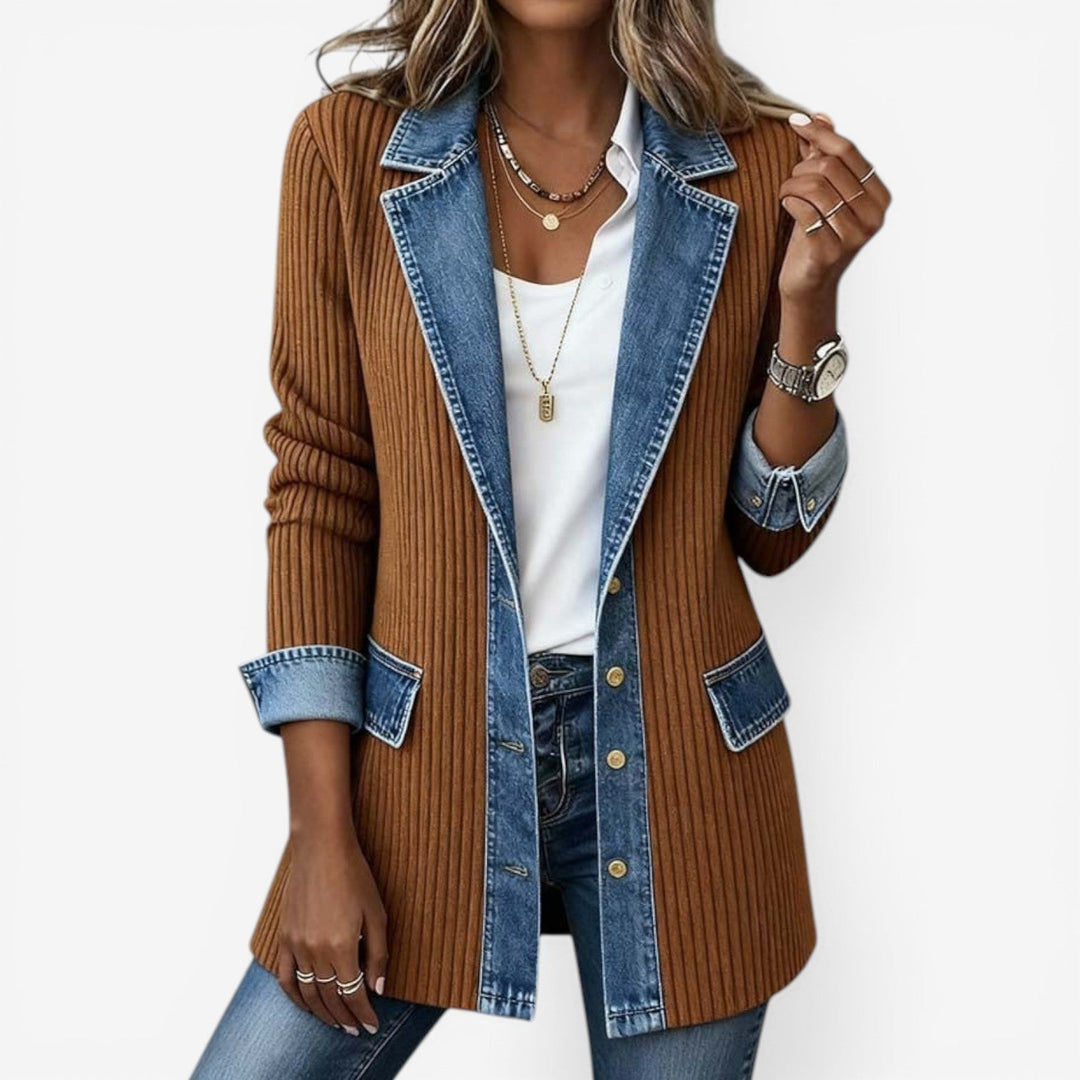 Close-up of fabric texture on women's hybrid knit cardigan and denim jacket