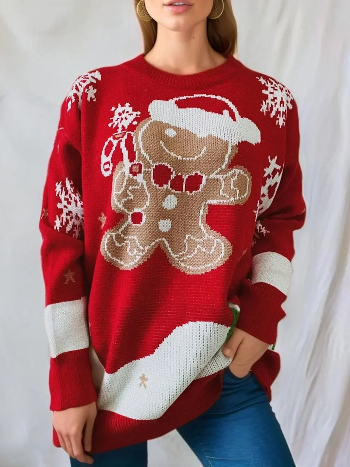Woman wearing red holiday gingerbread man Christmas sweater