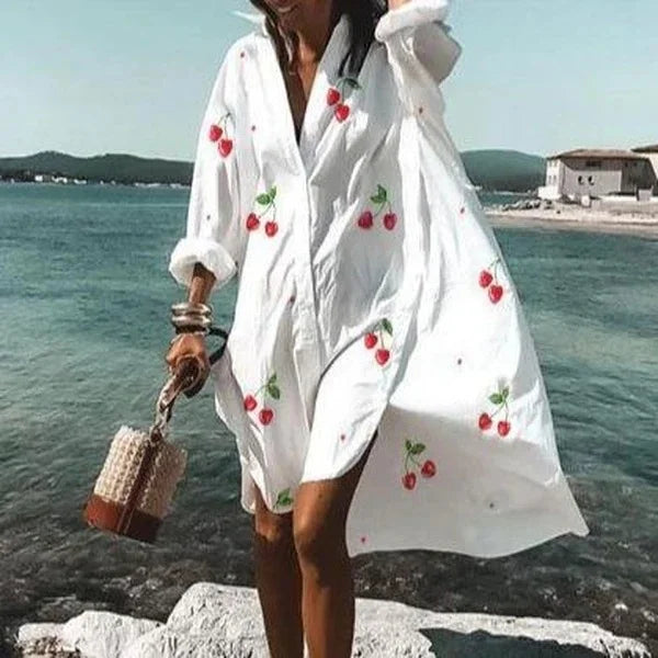 Womens long sleeve beach cover-up top in white button-down resort wear style