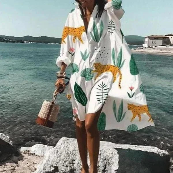 Back view of a long sleeve button down top for summer vacation wear