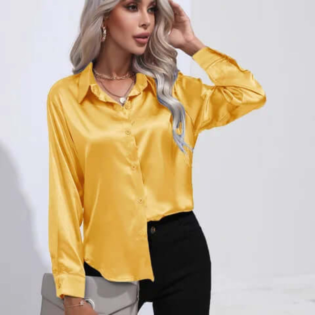 Stylish casual wear top with tailored collar and sleek satin finish