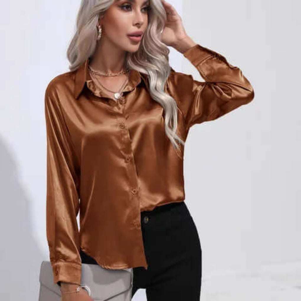 Women's loose fit long sleeve satin blouse in classic neutral color