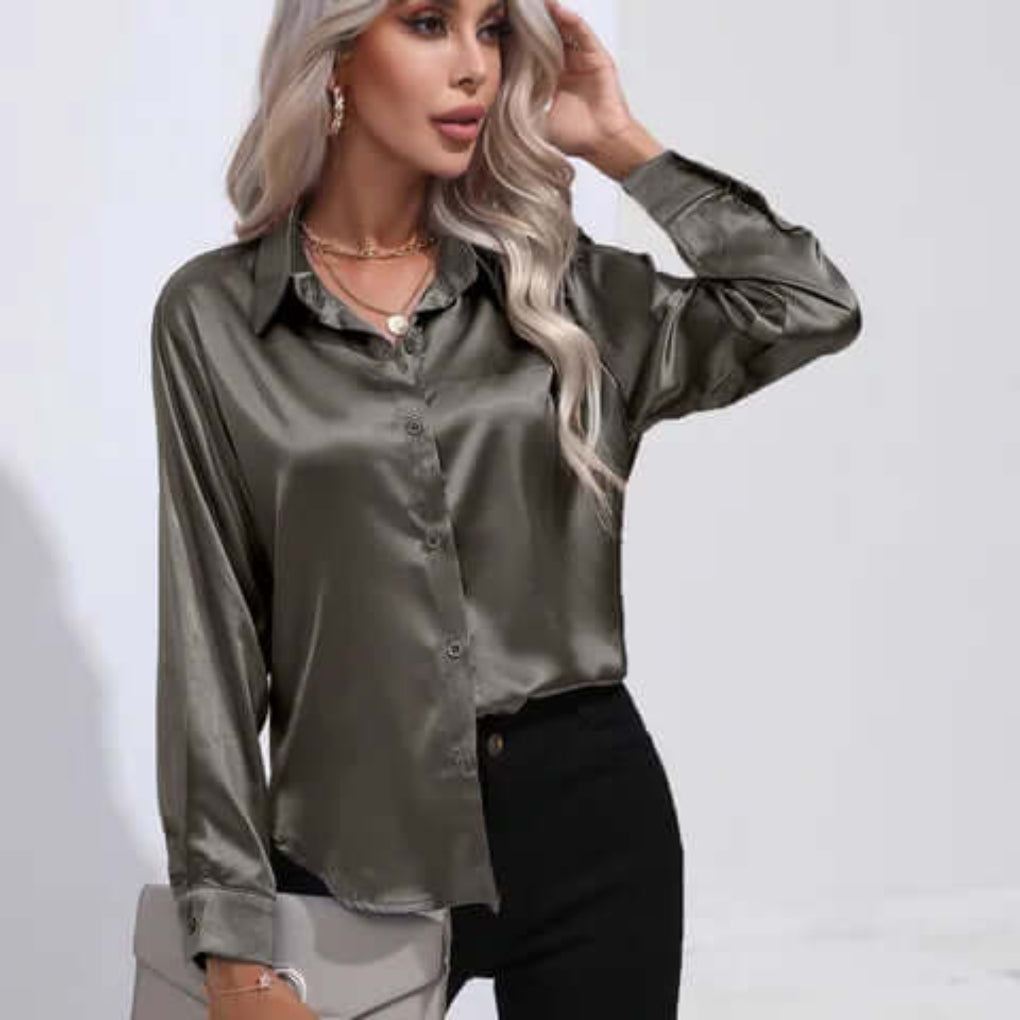 Relaxed fit satin top with button-down front and classic collar