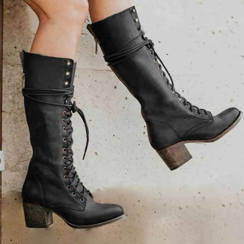 Women's orthopedic lace-up combat boots with ankle strap and sturdy block heel