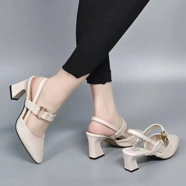 Side view of supportive orthopedic pumps showing comfortable high block heel structure