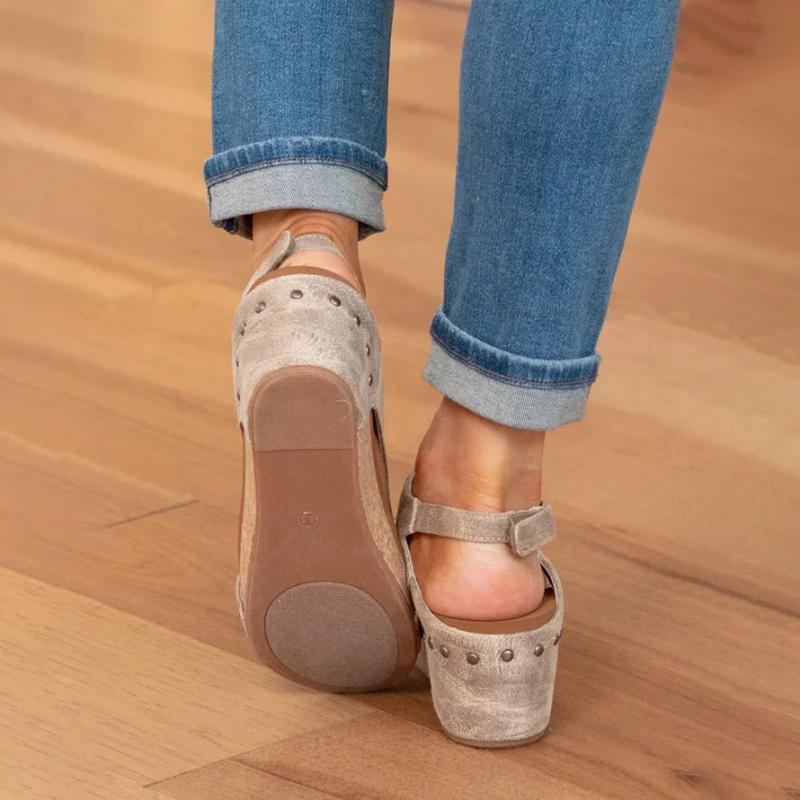 Rear view of cork sole wedge sandal showing stable heel for comfort footwear