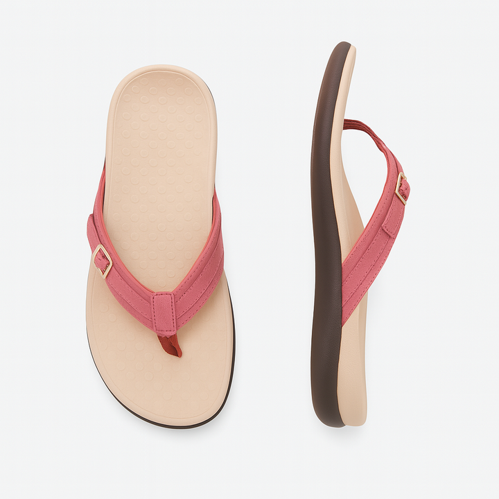 Women's orthotic thong sandals in red color showing top footbed and side profile