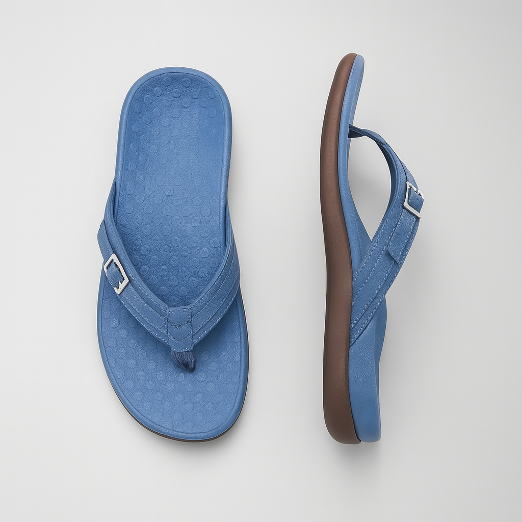 Casual summer slip-on footwear featuring ergonomic foot support in a thong sandal