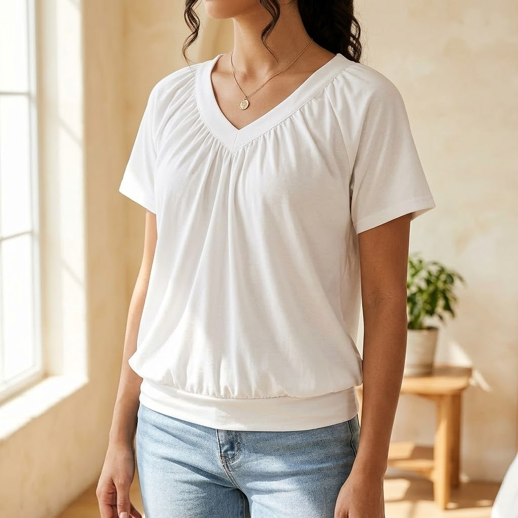 Detailed shot of pleated hem on stylish short sleeve blouson shirt