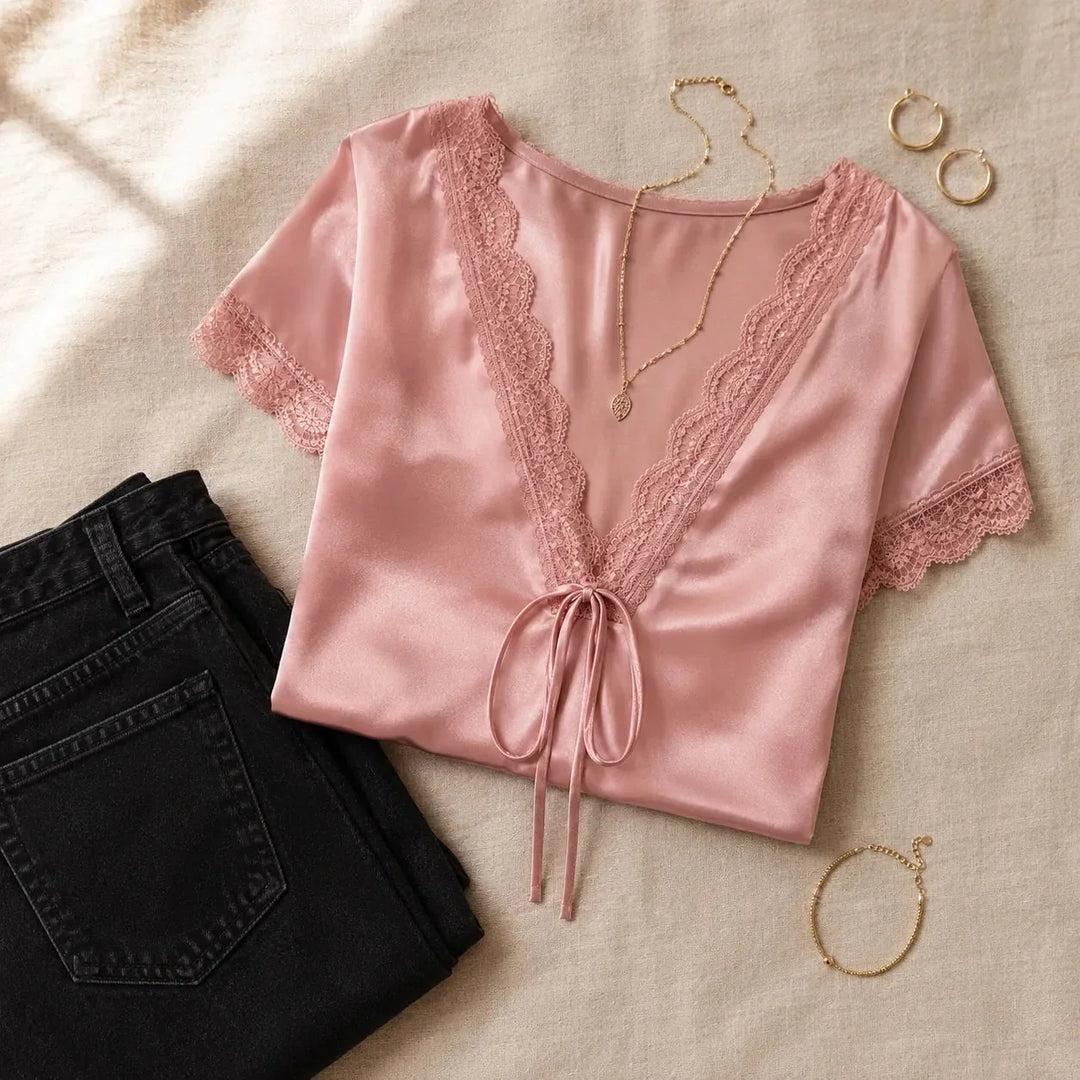 Back view of elegant tie-front top for women in classic style