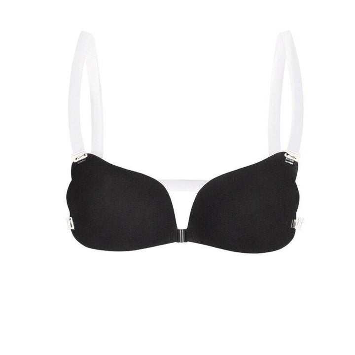 Black self-adhesive bra with removable straps front view