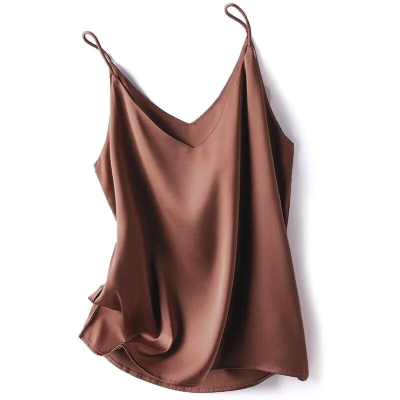 Women's brown silky camisole top displayed flat