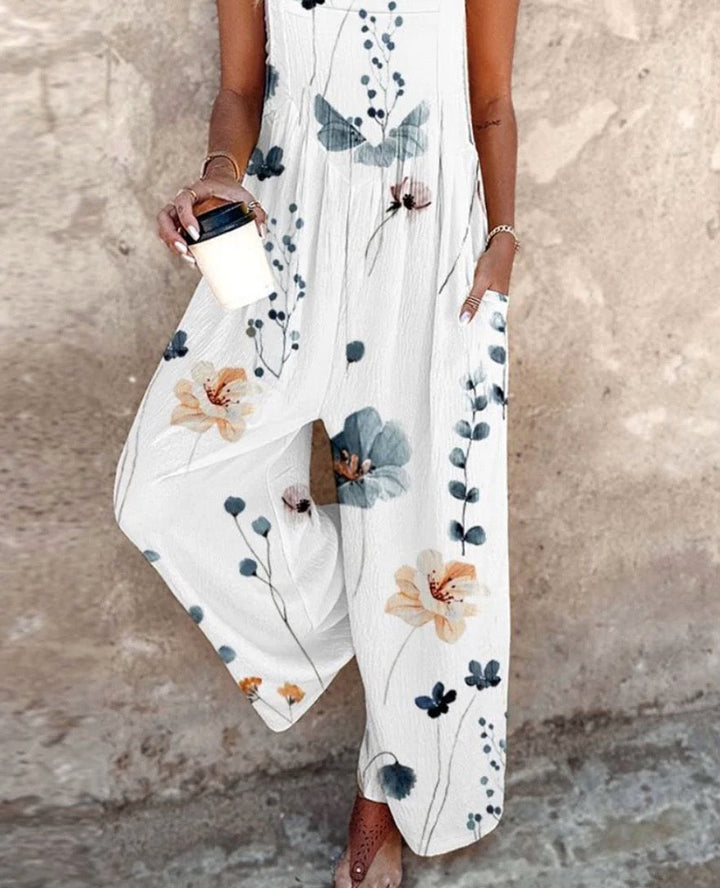 Summer clothing womens floral jumpsuit featuring wide leg pants and sleeveless cut