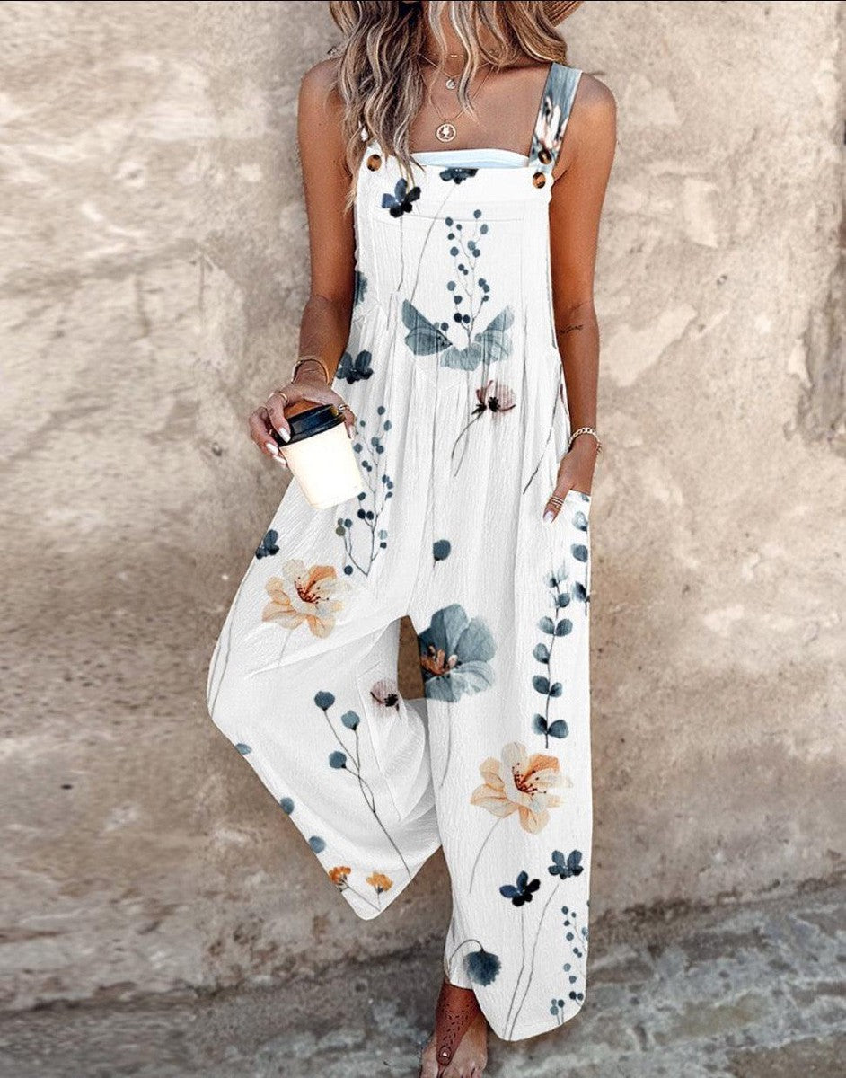 Womens fashion sleeveless floral maxi jumpsuit detail in lightweight fabric