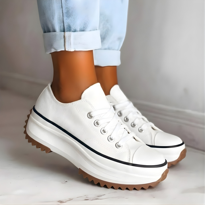 Women's clean white platform sneakers showcasing modern chunky style and grip soles