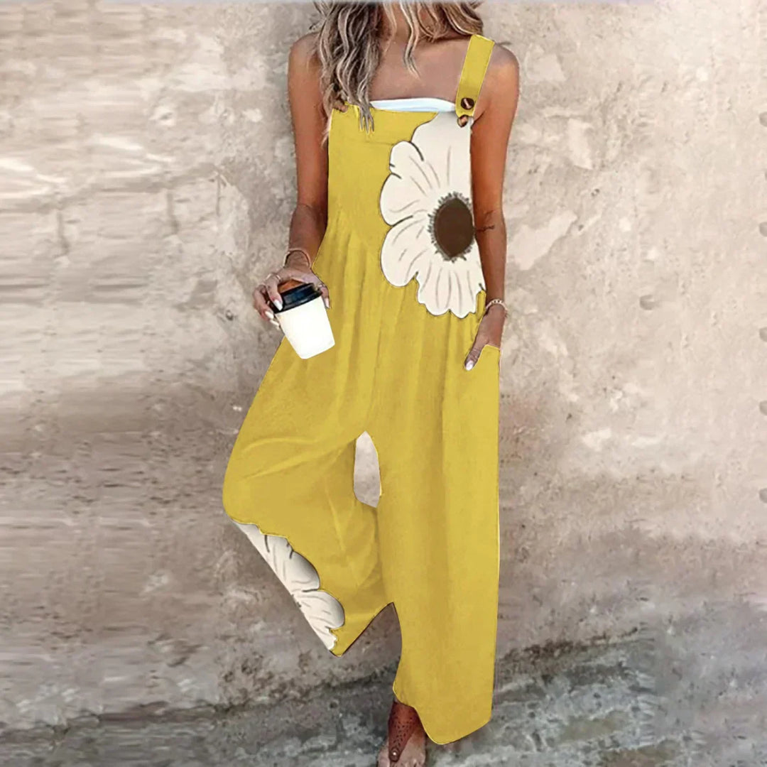 Full length view of the summer boho floral jumpsuit styled for casual daily wear