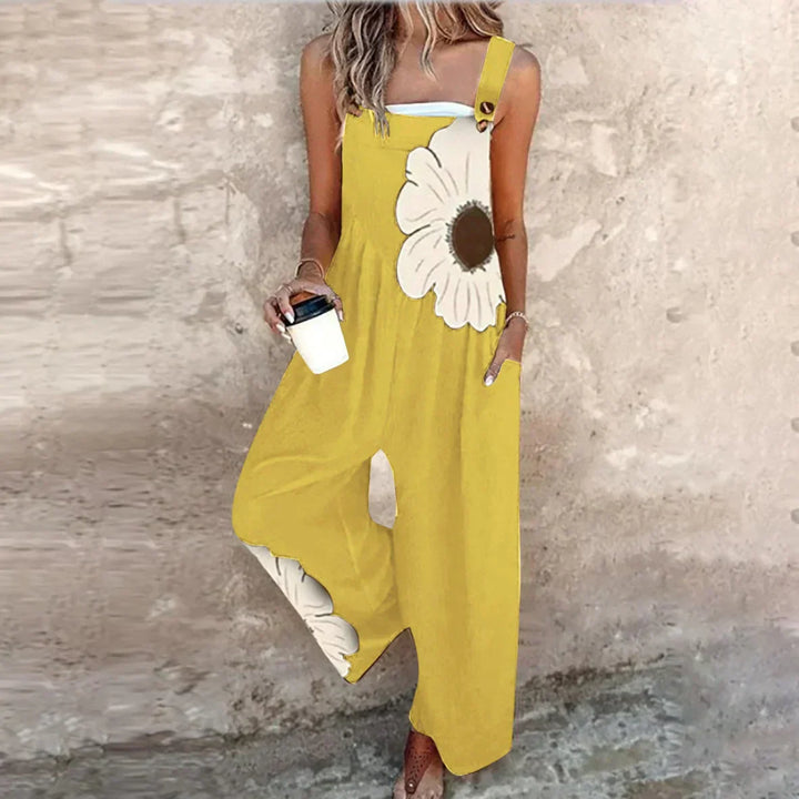 Full length view of the summer boho floral jumpsuit styled for casual daily wear