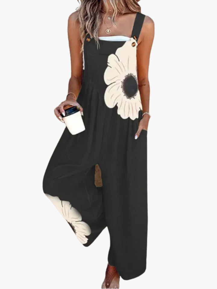 Close-up of the wide leg drape on the women's floral print bohemian jumpsuit