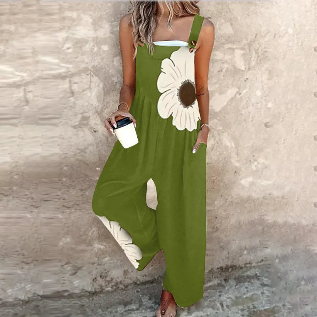 Back view of the women's casual floral jumpsuit with wide legs and lightweight fabric