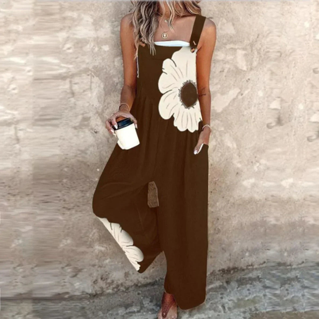 Detail of the lightweight floral fabric pattern on the women's fashion jumpsuit