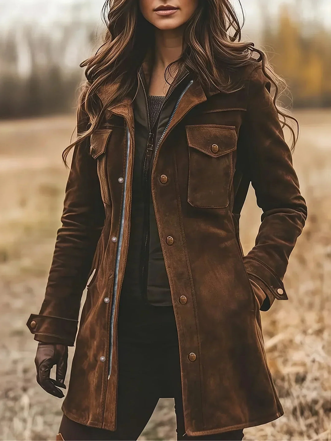 Woman wearing a brown vintage jacket with lapel collar and button fastening outdoors