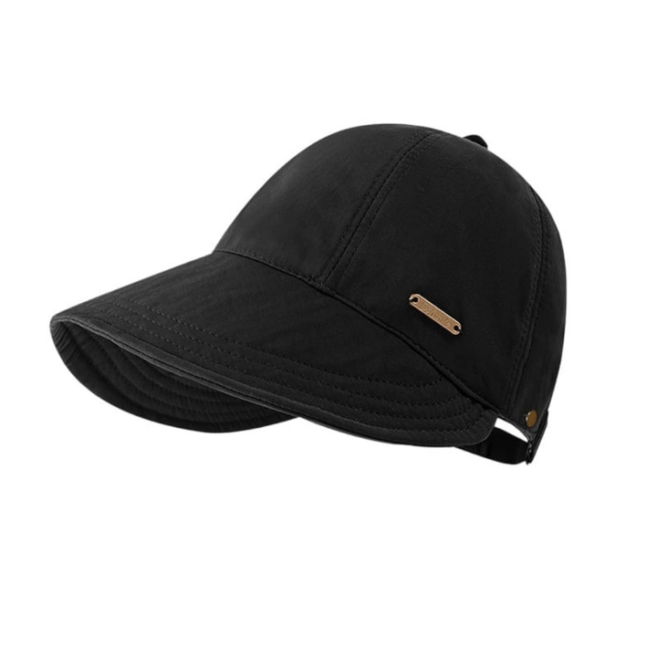 Women's wide-brim sun hat in black colour viewed from the side