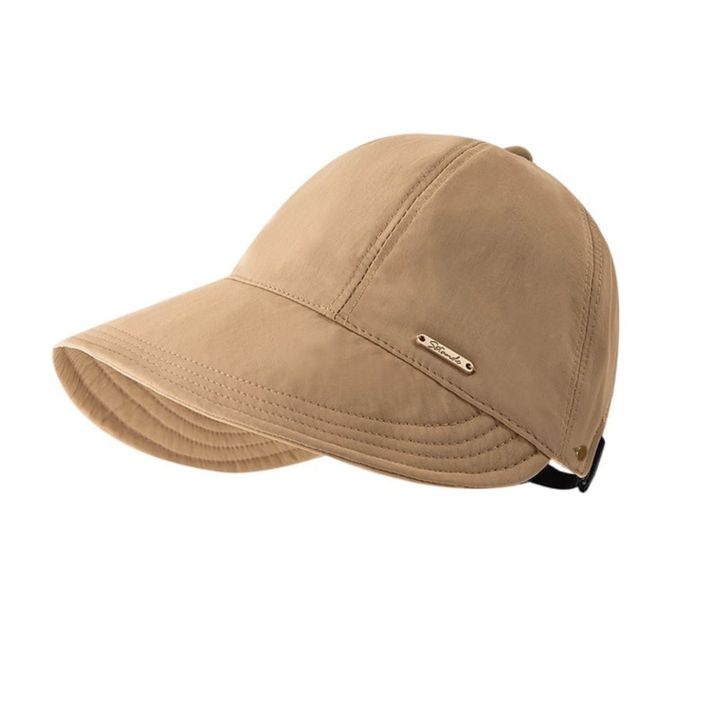 Women's wide-brim sun hat in brown khaki colour viewed from the side
