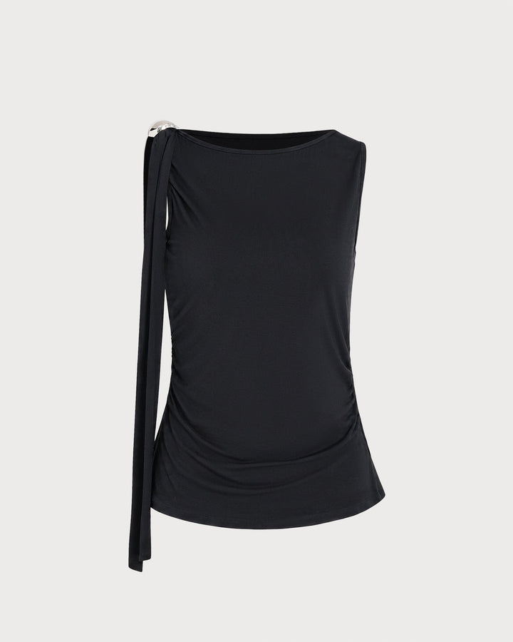 Slim fit black summer tank top featuring stylish wrap design