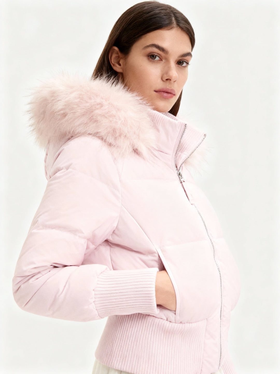 Women's quilted winter puffer jacket front view in cold weather style