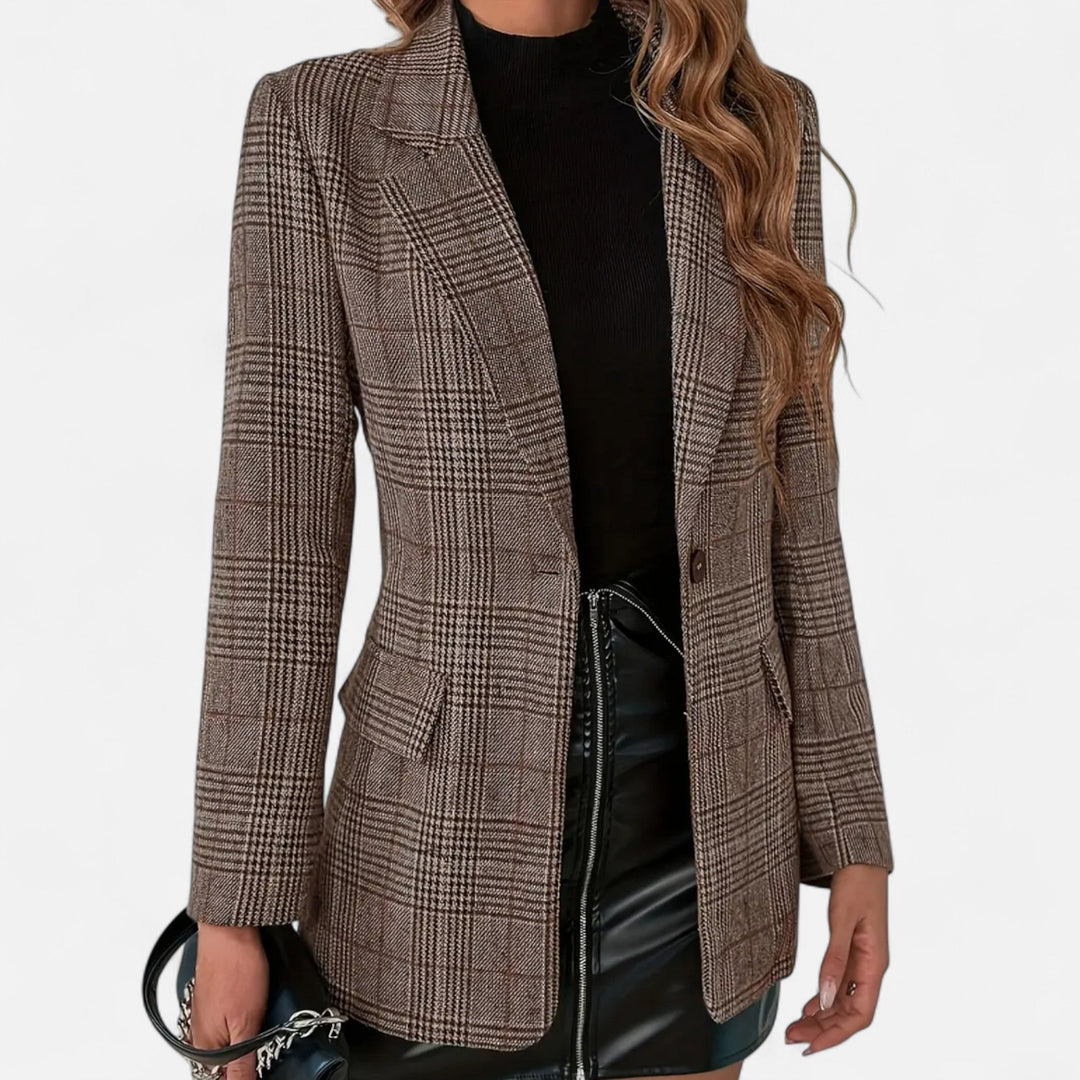 Front view of the women's brown checked blazer against a white background