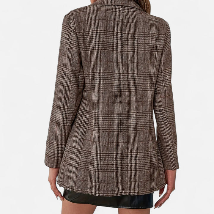 Back view of the women's brown checked blazer showing the tailored cut and hem