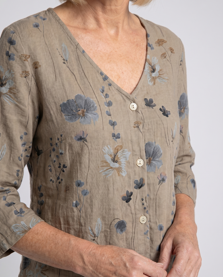 Casual spring fashion floral top featuring a flattering V-neckline