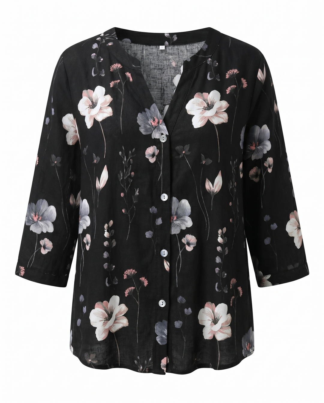 Flat lay of women's floral print V-neck blouse with 3/4 sleeves